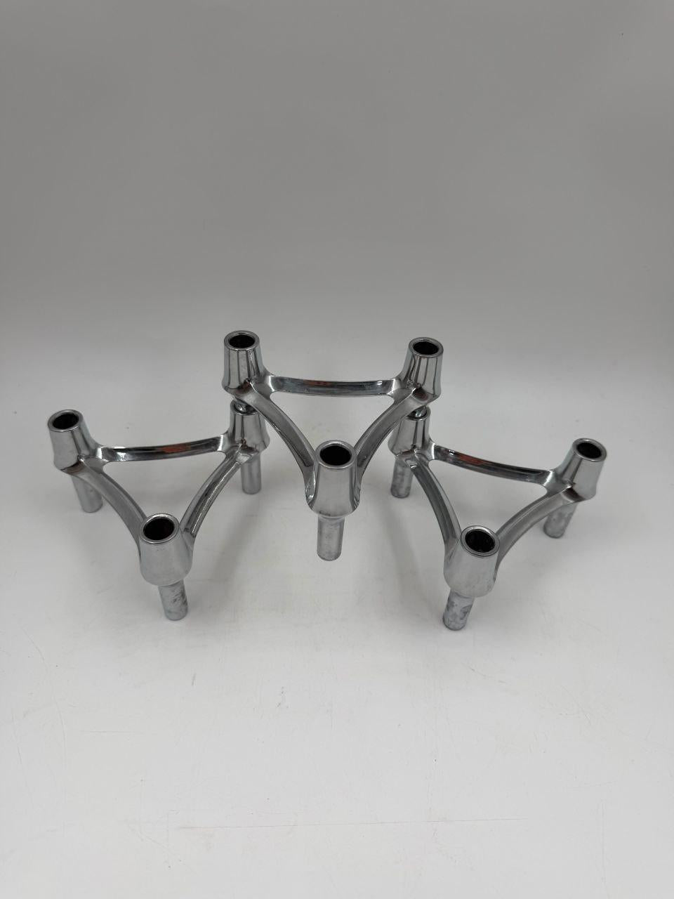 Set von 3 Vintage Kerzenhalter Chrom, modular, Mid-Century Modern