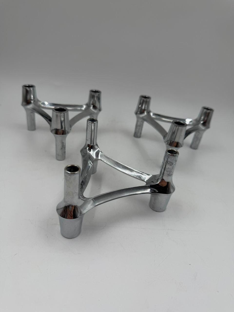 Set von 3 Vintage Kerzenhalter Chrom, modular, Mid-Century Modern