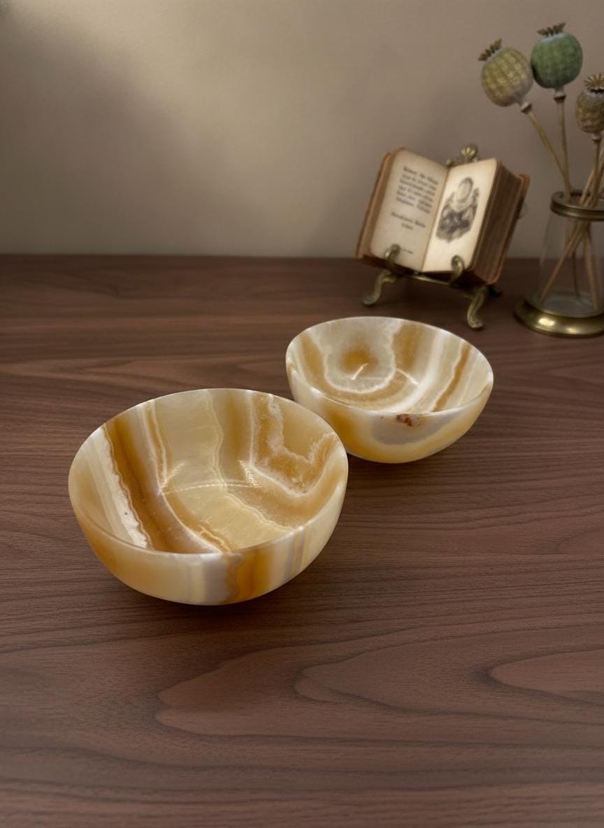Set von 2 Vintage Schale aus Onyx, Honig-Creme gebändert