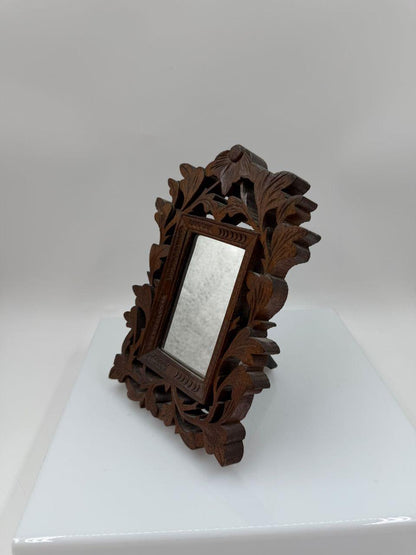 Vintage Tischspiegel handgeschnitzt, Holz, Blattmotiv, Dunkelbraun
