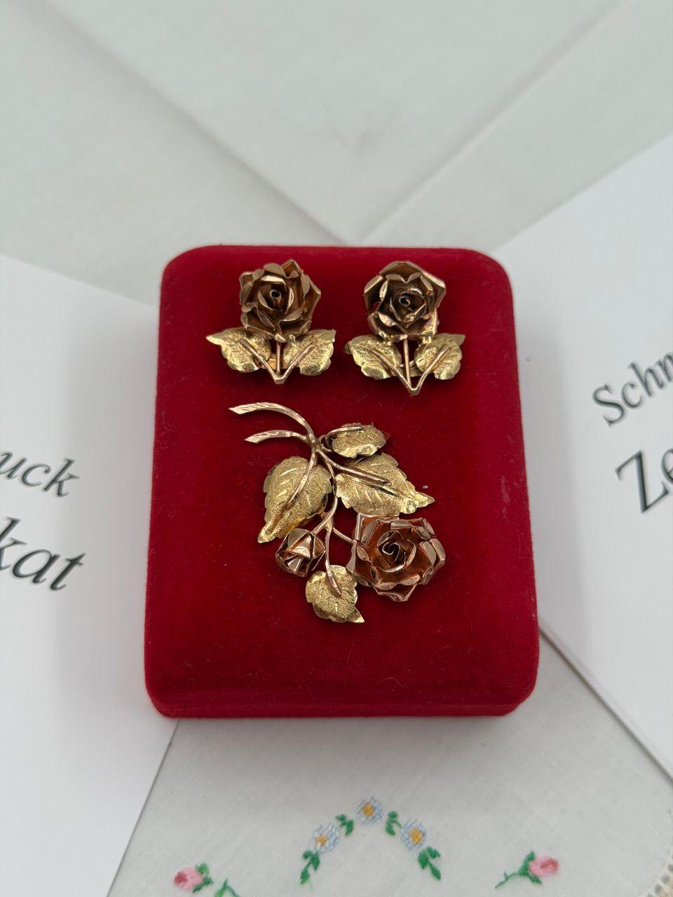 Vintage Schmuckset Rose aus 14K Gold mit Ohrringen und Anhänger