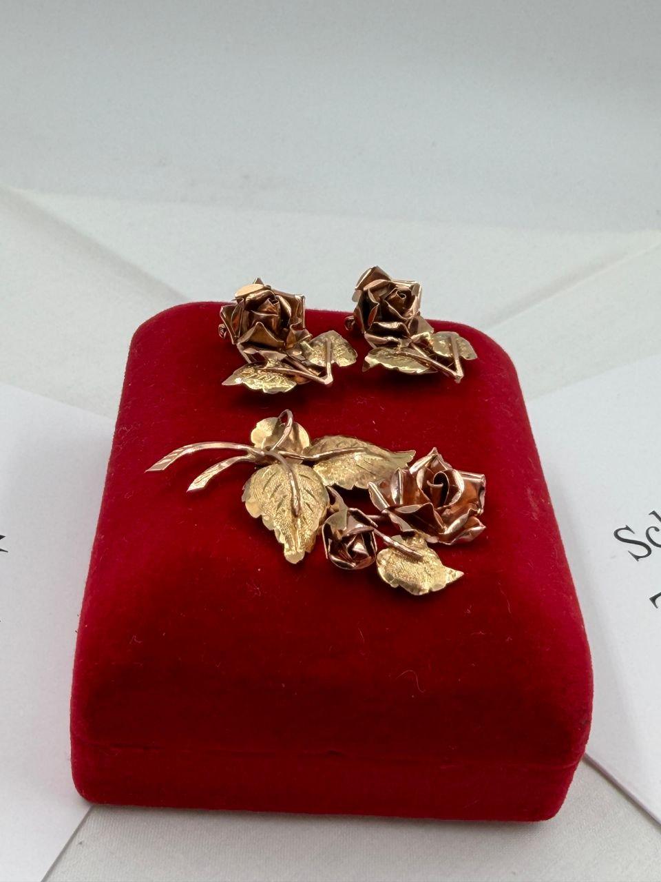 Vintage Schmuckset Rose aus 14K Gold mit Ohrringen und Anhänger