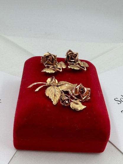 Vintage Schmuckset Rose aus 14K Gold mit Ohrringen und Anhänger