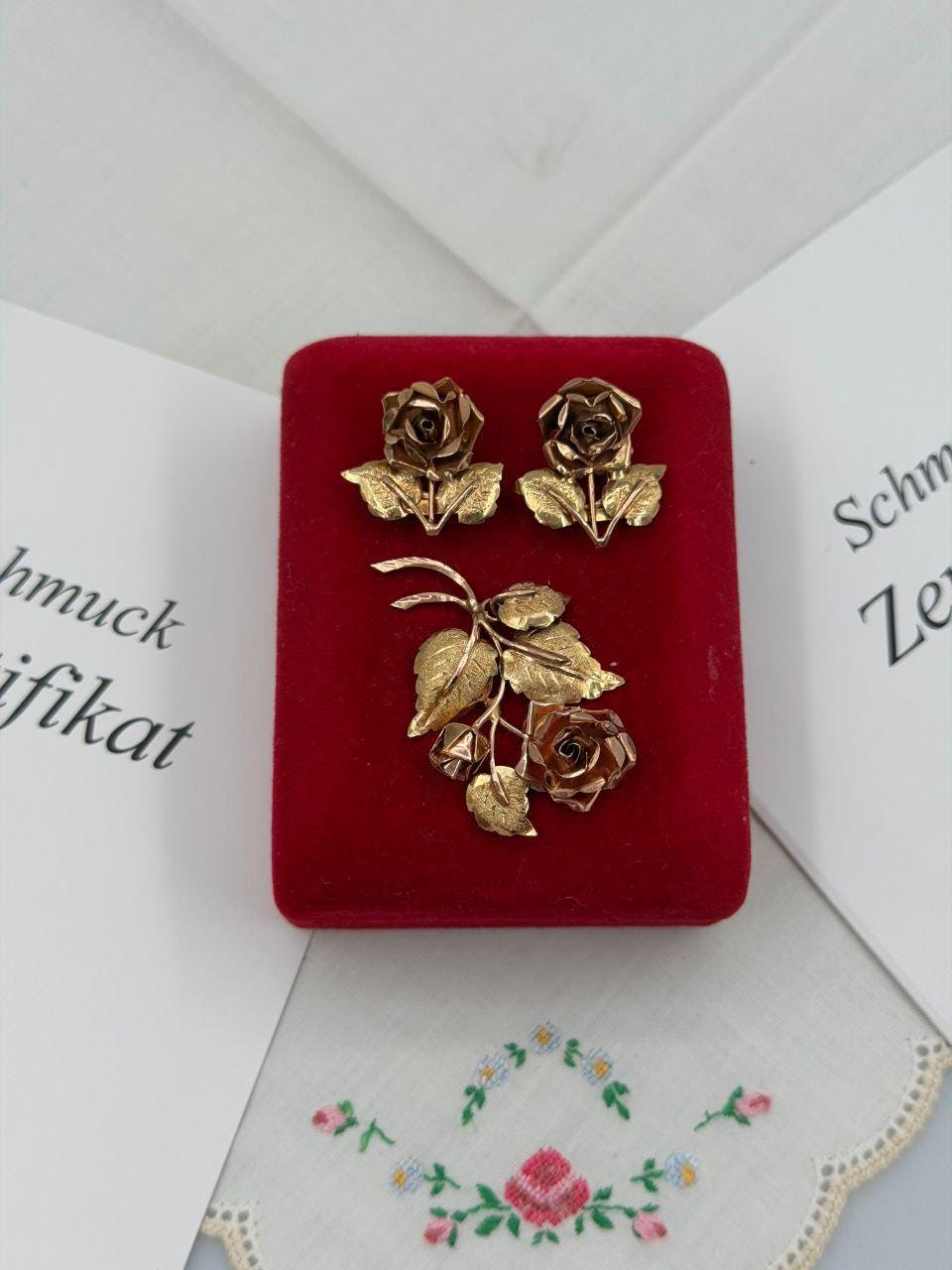 Vintage Schmuckset Rose aus 14K Gold mit Ohrringen und Anhänger