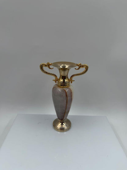 Vintage Vase Amphora Onyx und Messing 16cm mit Drachenhenkeln