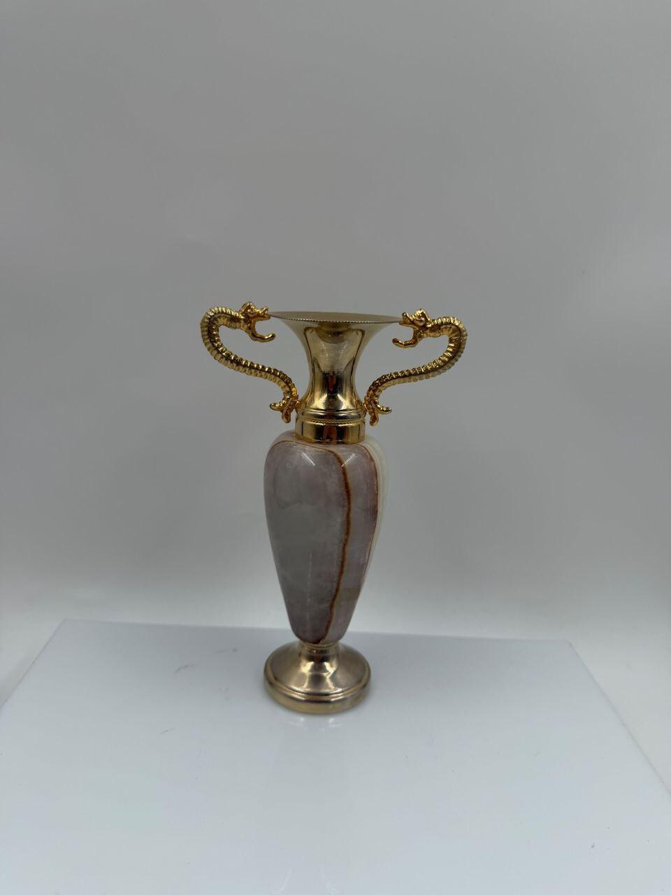 Vintage Vase Amphora Onyx und Messing 16cm mit Drachenhenkeln