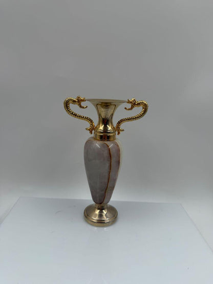 Vintage Vase Amphora Onyx und Messing 16cm mit Drachenhenkeln