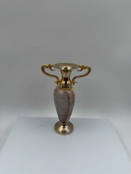 Vintage Vase Amphora Onyx und Messing 16cm mit Drachenhenkeln