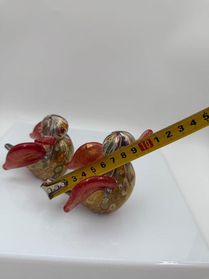 Set von 2 Vintage Murano-Glas Enten "Millefiori" mit Goldfolie