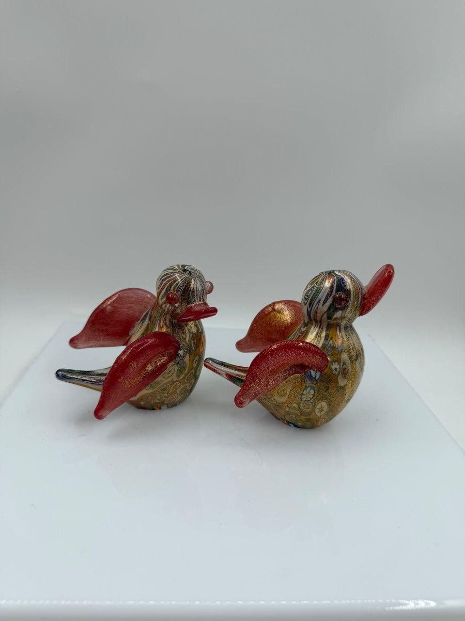 Set von 2 Vintage Murano-Glas Enten "Millefiori" mit Goldfolie
