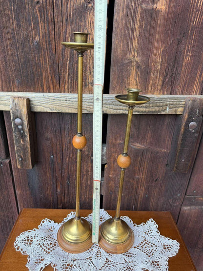 Set von 2 Vintage Kerzenständer aus Messing und Holz