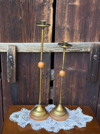 Set von 2 Vintage Kerzenständer aus Messing und Holz