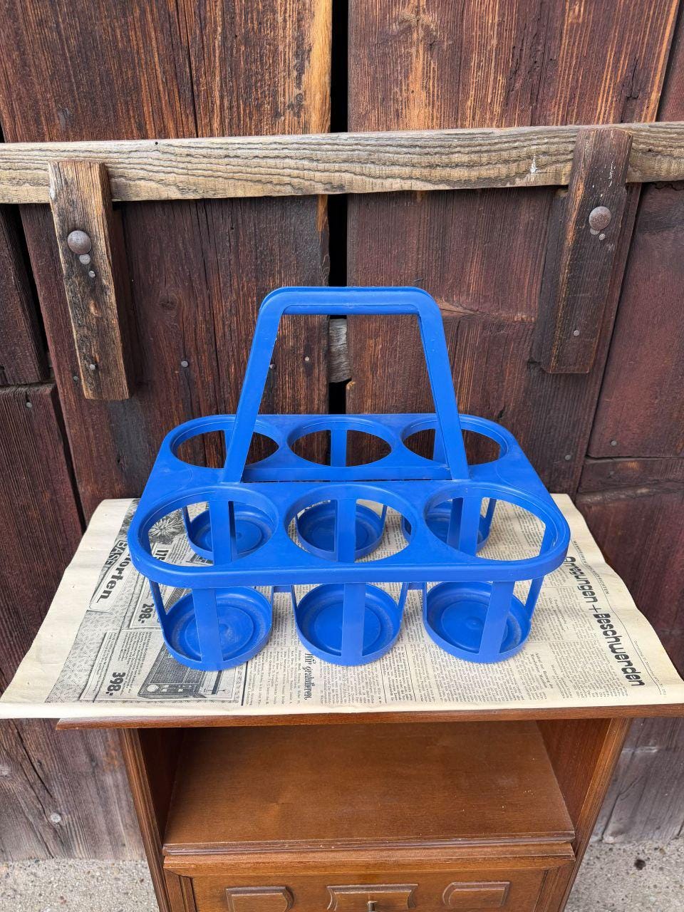 Vintage Flaschenträger aus Kunststoff, Kobaltblau
