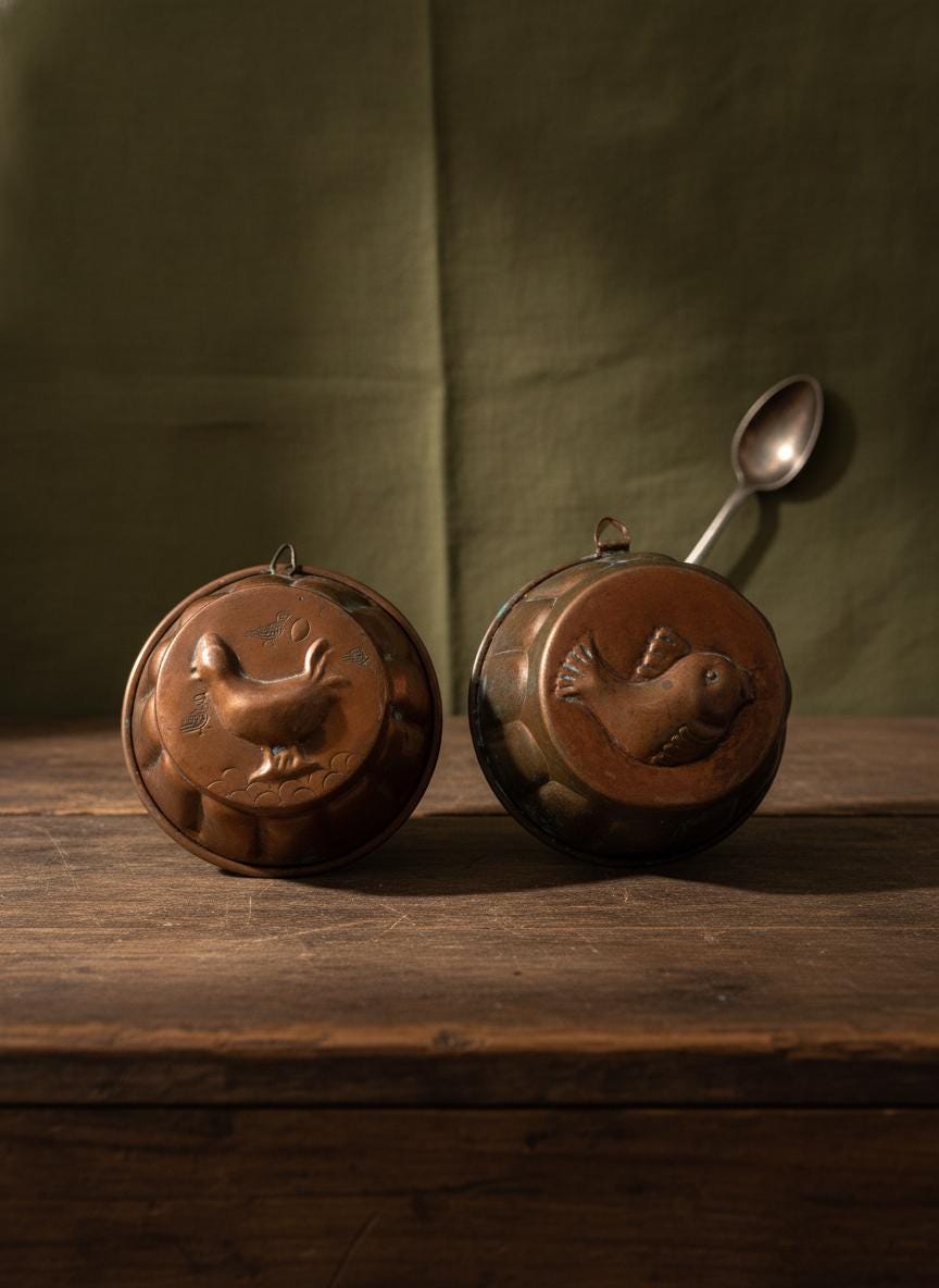 Set von 2 Vintage Puddingform mit Vogelmotiv aus Kupfer