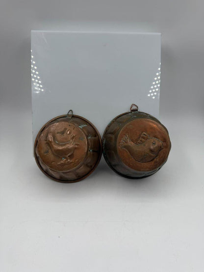 Set von 2 Vintage Puddingform mit Vogelmotiv aus Kupfer