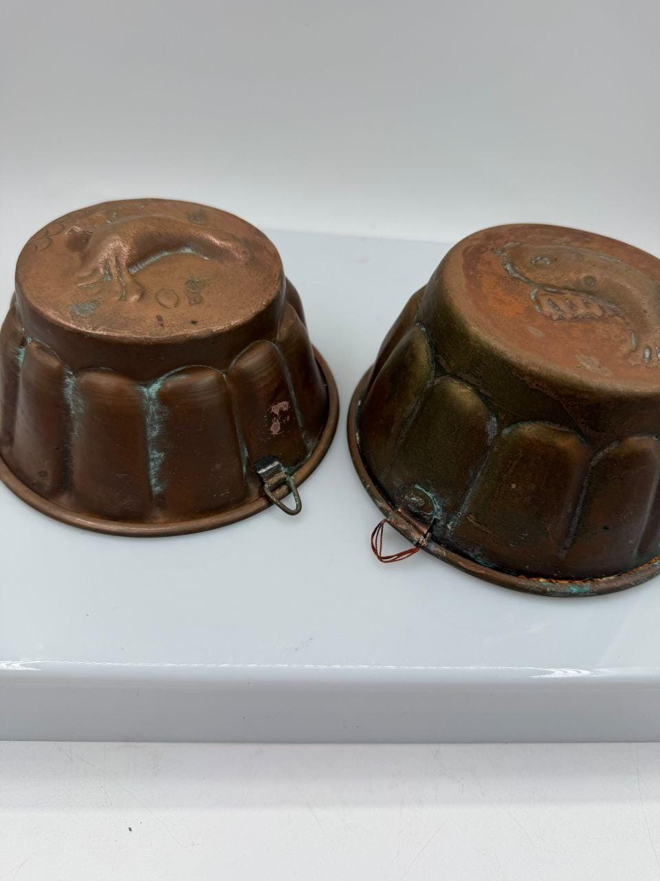 Set von 2 Vintage Puddingform mit Vogelmotiv aus Kupfer