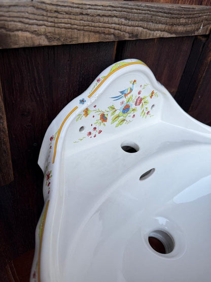 Vintage Waschbecken Faience Belle Époque mit Blumen- und Vogeldekor