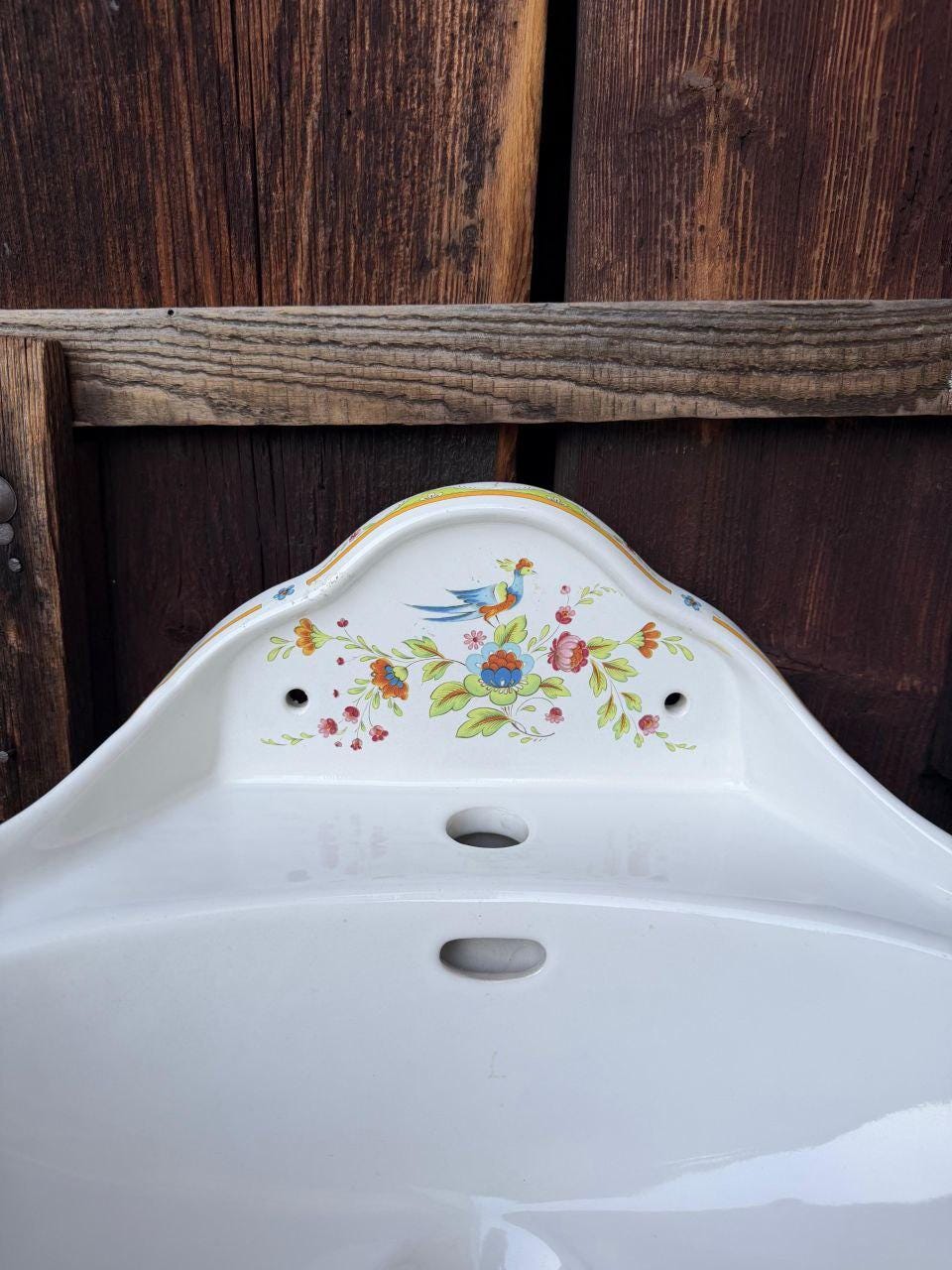 Vintage Waschbecken Faience Belle Époque mit Blumen- und Vogeldekor