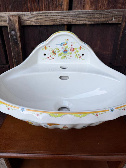Vintage Waschbecken Faience Belle Époque mit Blumen- und Vogeldekor
