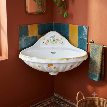 Vintage Waschbecken Faience Belle Époque mit Blumen- und Vogeldekor