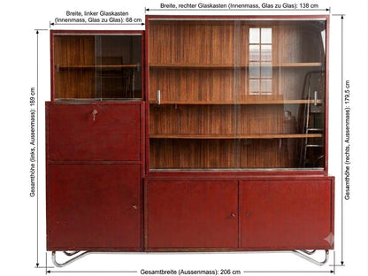 Vintage Bauhaus Vitrinenschrank Bordeauxrot, Karel Ort zugeschrieben