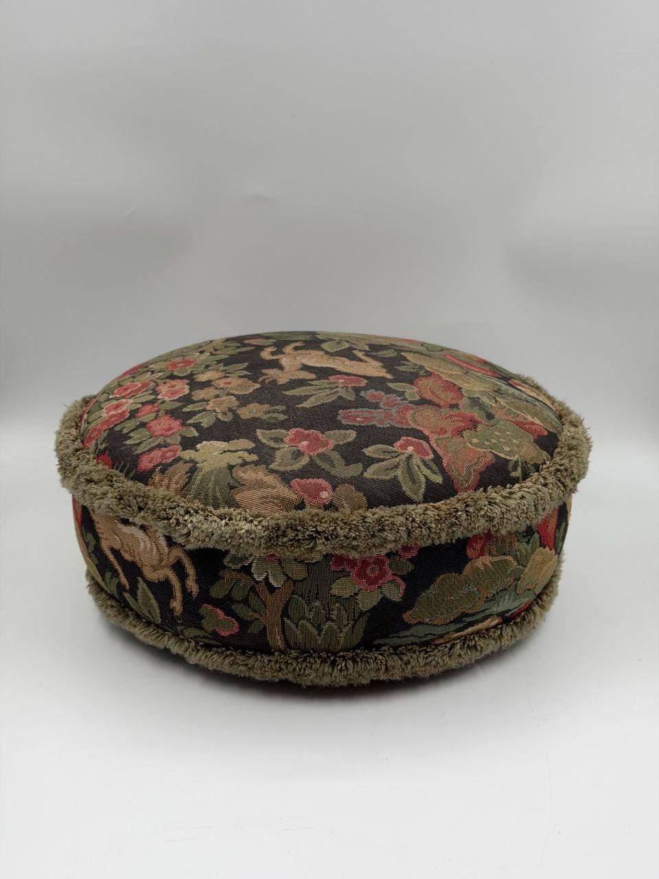Vintage Fußhocker Gobelin Blumenmuster Rot