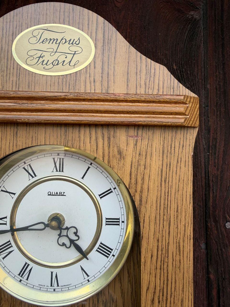 Vintage Pendeluhr Tempus Fugit, Eichenholz mit Messing-Regulator