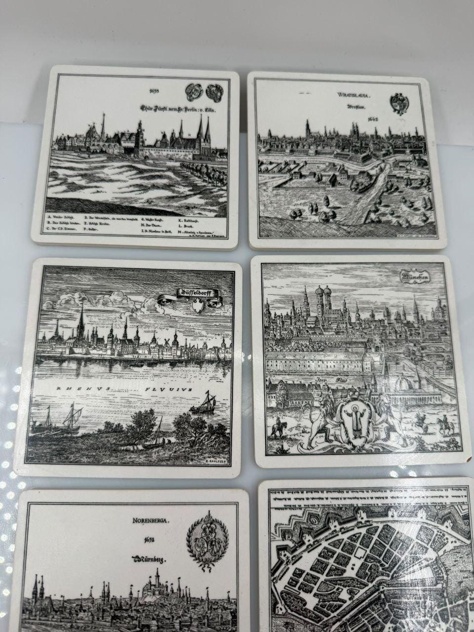 Set von 6 Vintage Untersetzer mit Städtegravuren, Deutschland