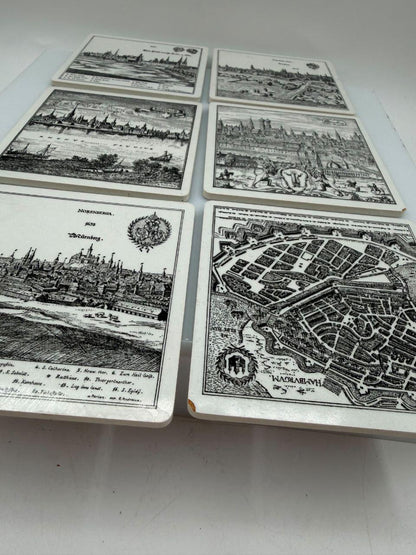 Set von 6 Vintage Untersetzer mit Städtegravuren, Deutschland