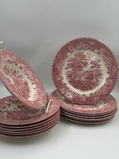 Set von 12 Vintage Geschirr Teller Englisches Ironstone Rot Pastoral
