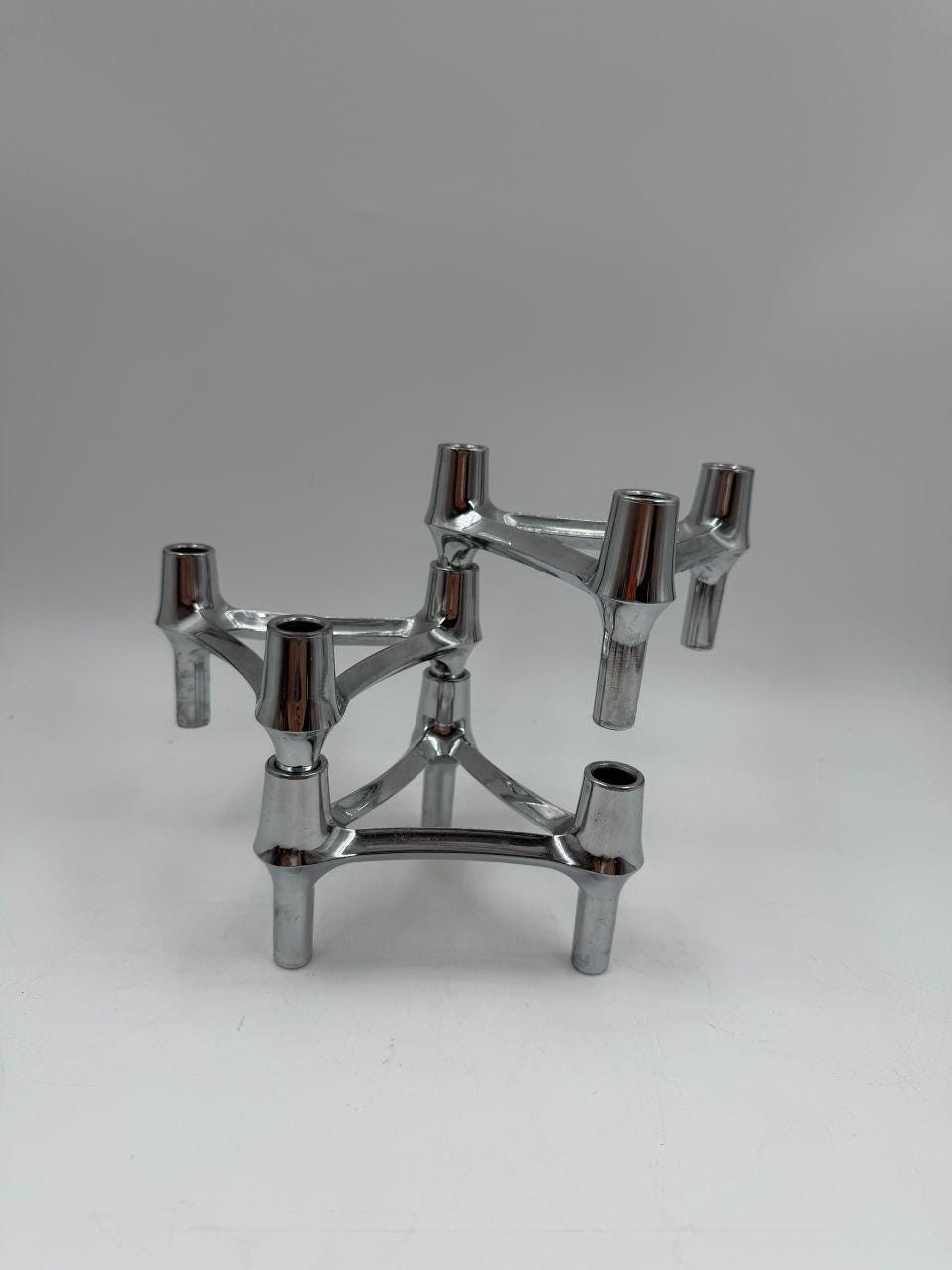 Set von 3 Vintage Kerzenhalter Chrom, modular, Mid-Century Modern