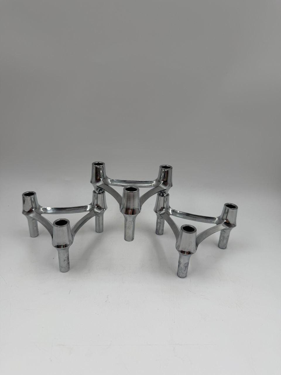 Set von 3 Vintage Kerzenhalter Chrom, modular, Mid-Century Modern
