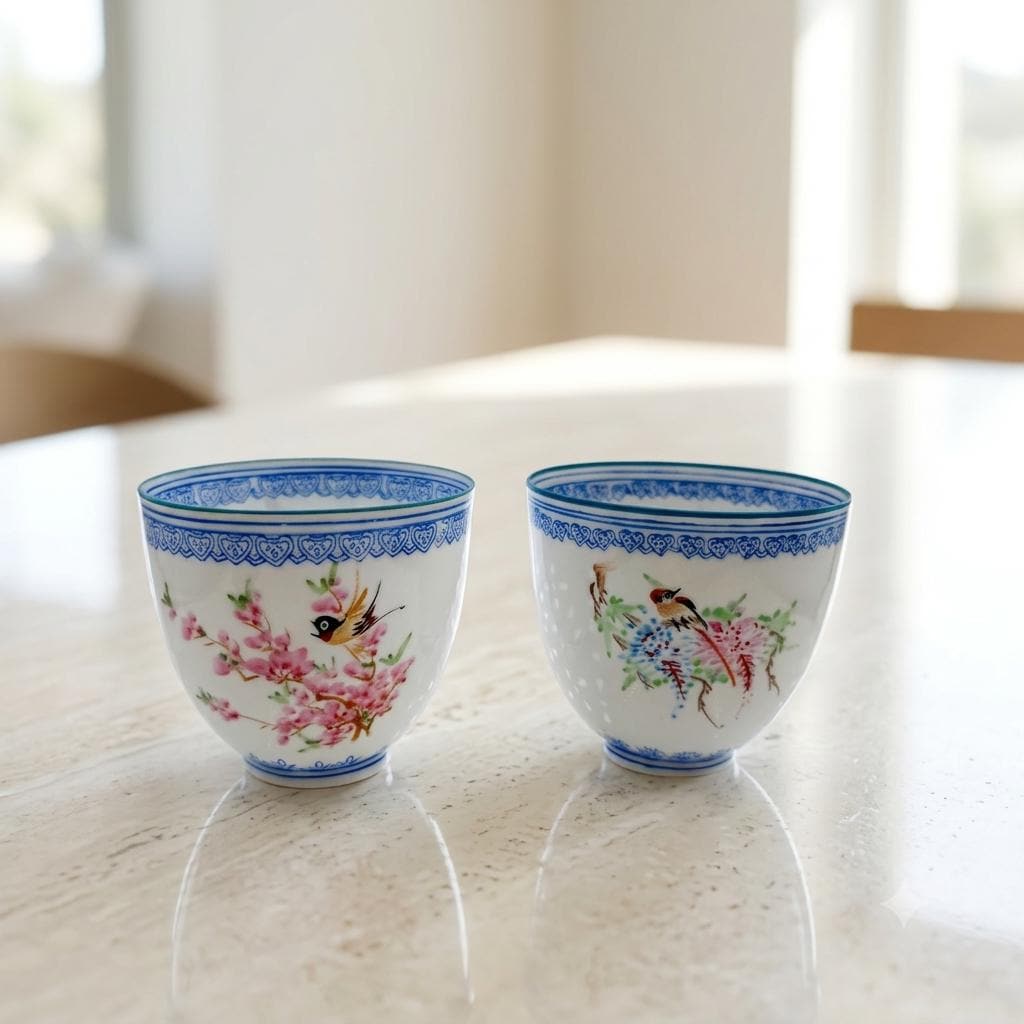Set von 2 Vintage Teetasse Eierschalenporzellan Famille Rose, China