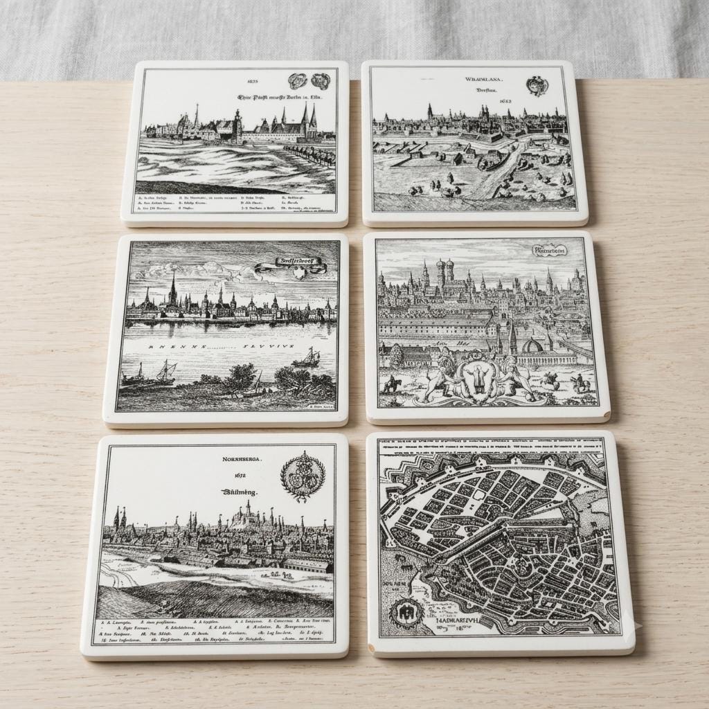 Set von 6 Vintage Untersetzer mit Städtegravuren, Deutschland