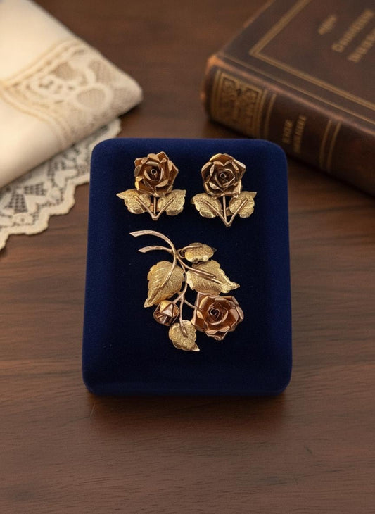 Vintage Schmuckset Rose aus 14K Gold mit Ohrringen und Anhänger