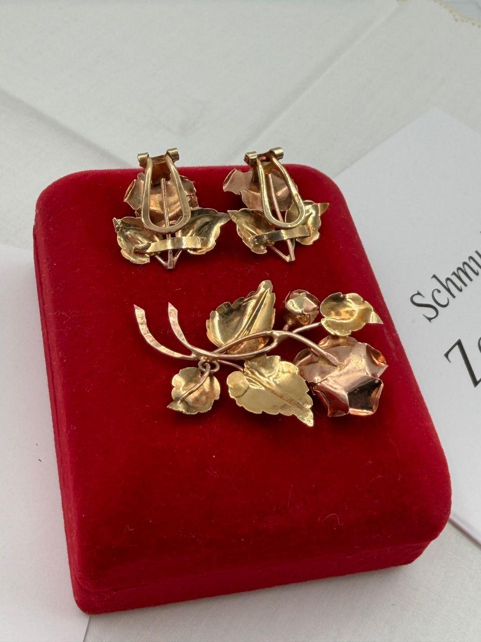Vintage Schmuckset Rose aus 14K Gold mit Ohrringen und Anhänger