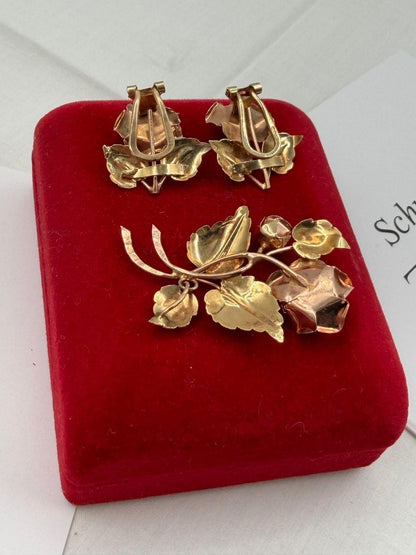 Vintage Schmuckset Rose aus 14K Gold mit Ohrringen und Anhänger