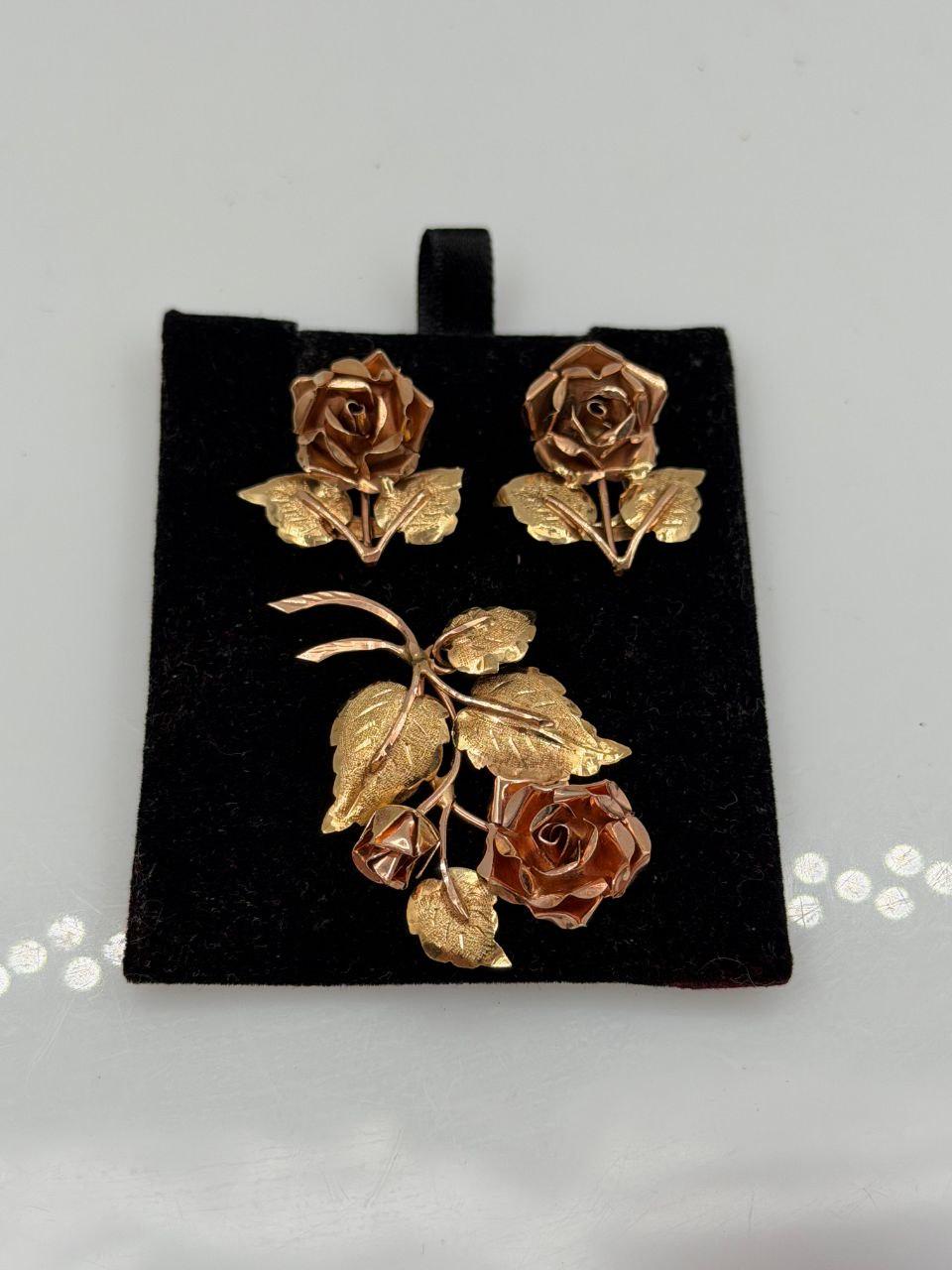 Vintage Schmuckset Rose aus 14K Gold mit Ohrringen und Anhänger