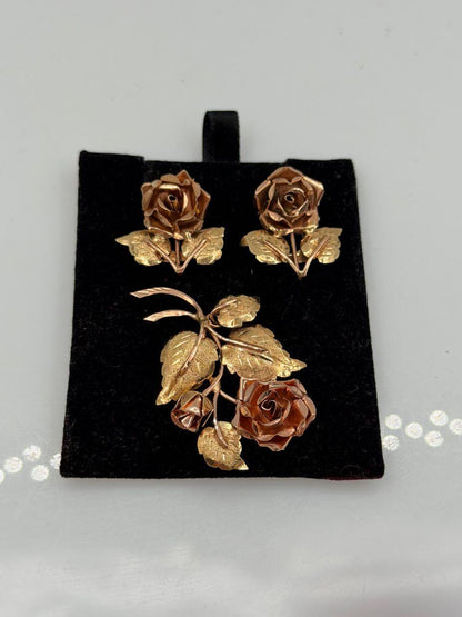 Vintage Schmuckset Rose aus 14K Gold mit Ohrringen und Anhänger