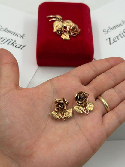 Vintage Schmuckset Rose aus 14K Gold mit Ohrringen und Anhänger