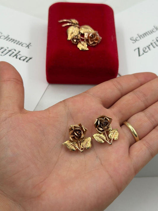 Vintage Schmuckset Rose aus 14K Gold mit Ohrringen und Anhänger