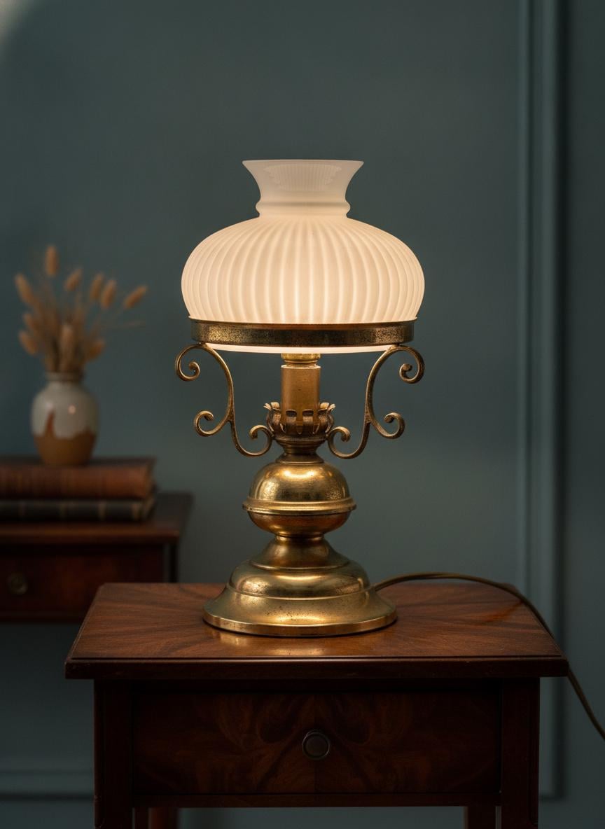 Vintage Tischlampe aus Messing mit Opalglasschirm und Patina