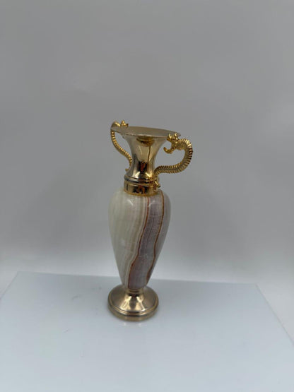Vintage Vase Amphora Onyx und Messing 16cm mit Drachenhenkeln