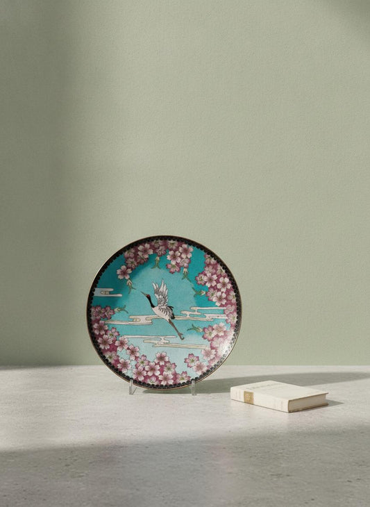 Vintage Cloisonné Wandteller Kranich Kirschblüte Türkis Japan