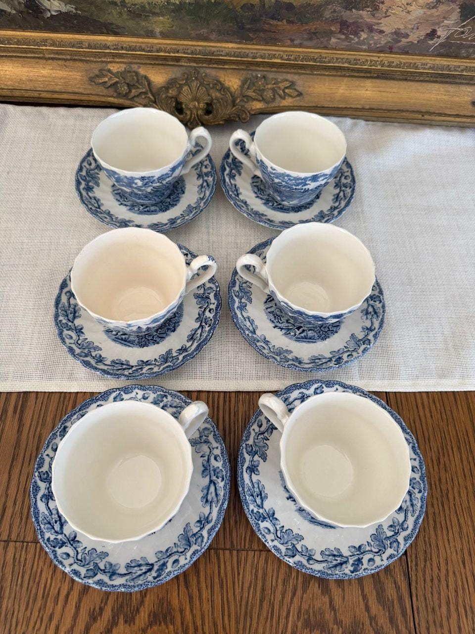 Vintage Kaffeeservice Blau-Weiß Transferware Cottage-Szene