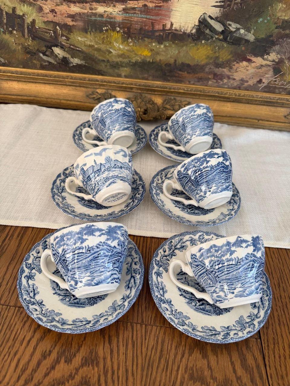Vintage Kaffeeservice Blau-Weiß Transferware Cottage-Szene