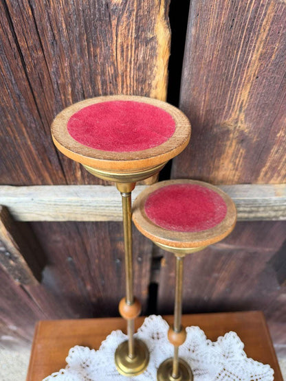 Set von 2 Vintage Kerzenständer aus Messing und Holz
