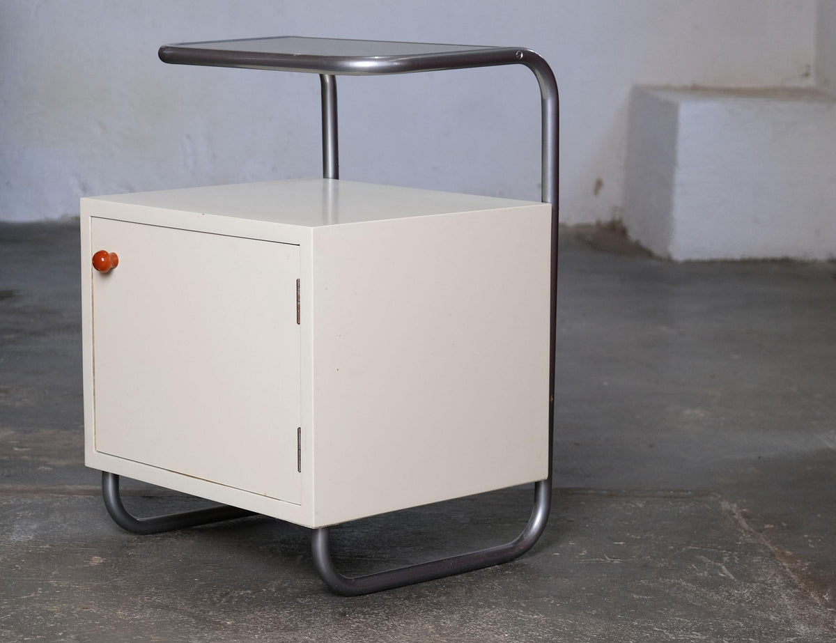 Vintage Nachttisch im Bauhaus Stil aus Stahlrohr, weiß
