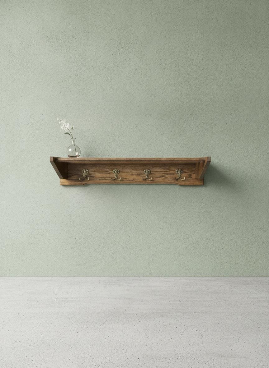 Vintage Garderobe aus Holz mit Messing-Doppelhaken und Ablage