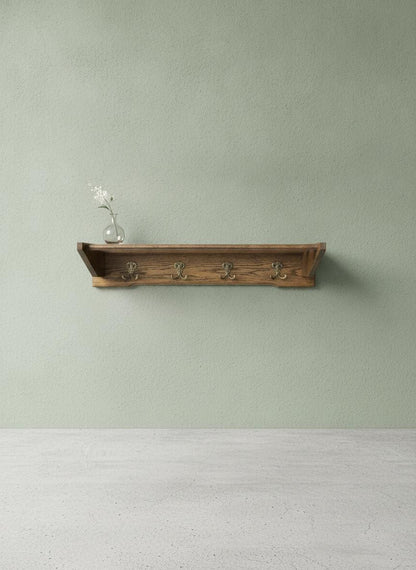 Vintage Garderobe aus Holz mit Messing-Doppelhaken und Ablage